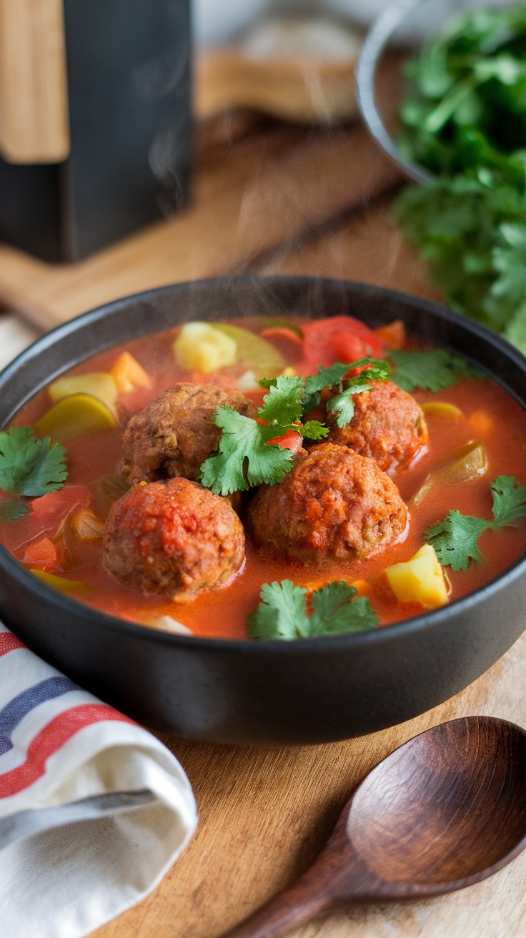 Authentic Albóndigas Soup Recipe A bowl of albóndigas soup with meatballs, vegetables in tomato broth, garnished with cilantro, on a rustic table.
